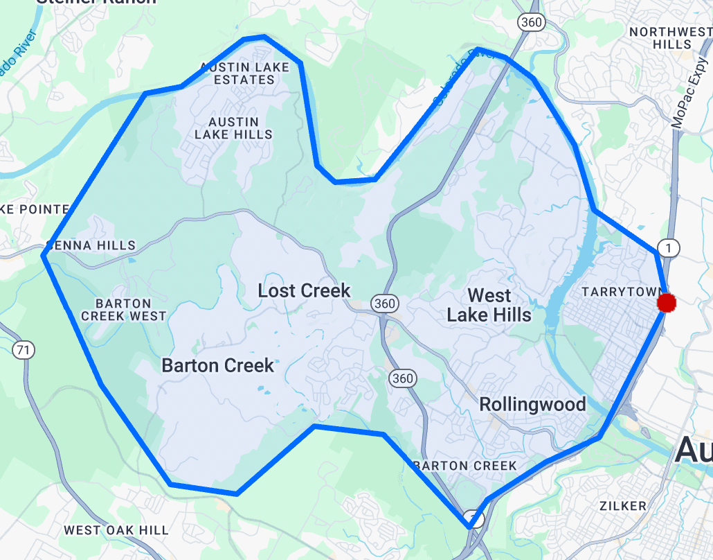 Service area map showing West Lake Hills, Rollingwood, Tarrytown, Lost Creek, and Barton Creek